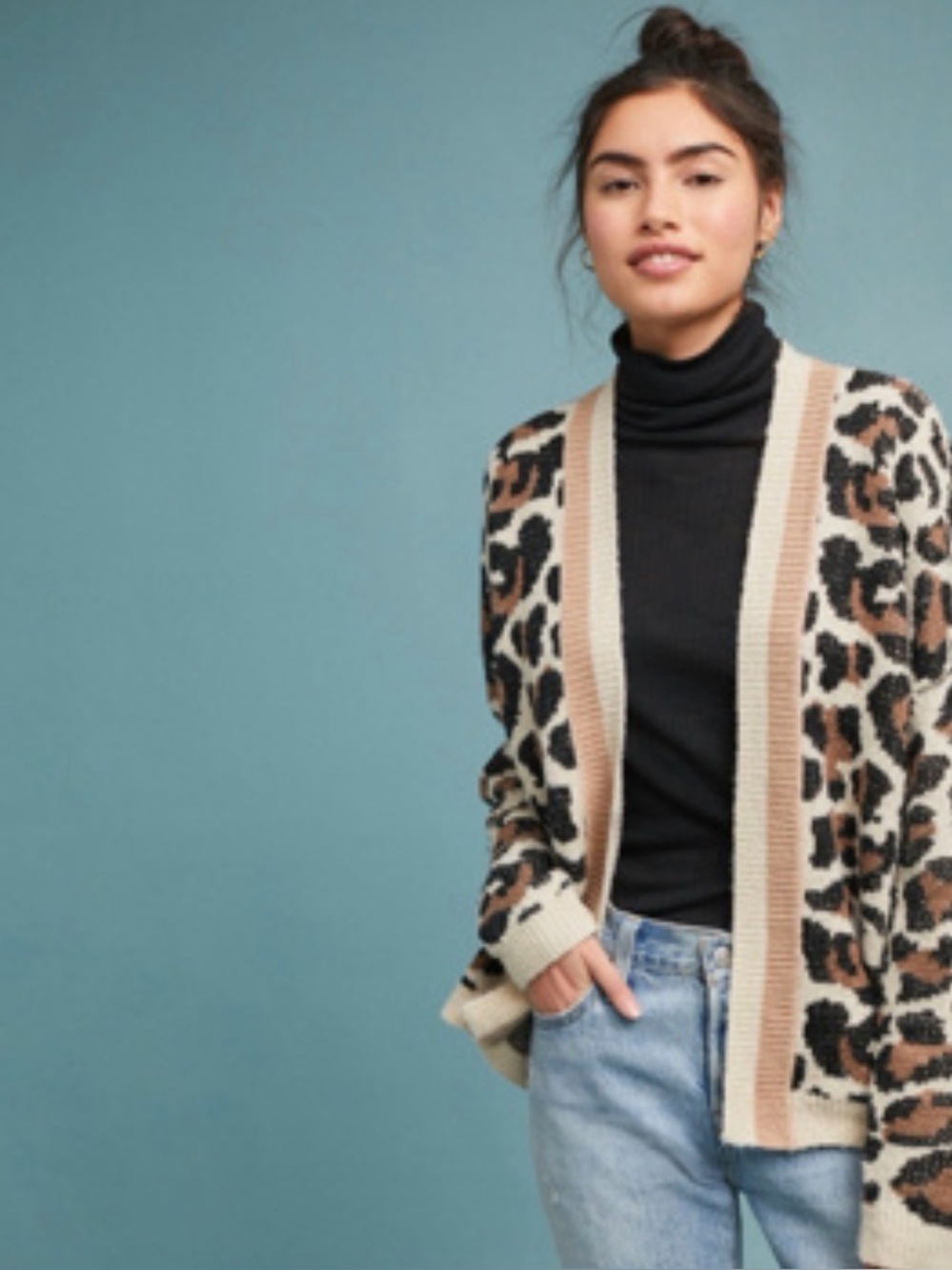 Anthropologie Line and Dot Leopard Print Open Cardigan - Cream, Brown & Black M